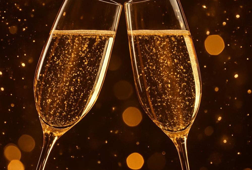 Två champagneglas som skålar på nyår